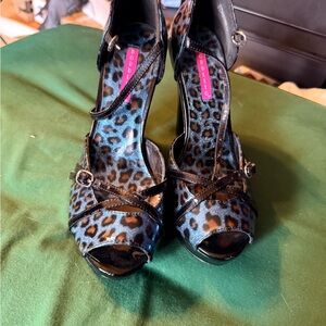 Bordello Blue and Black Leopard Patent Leather Heels